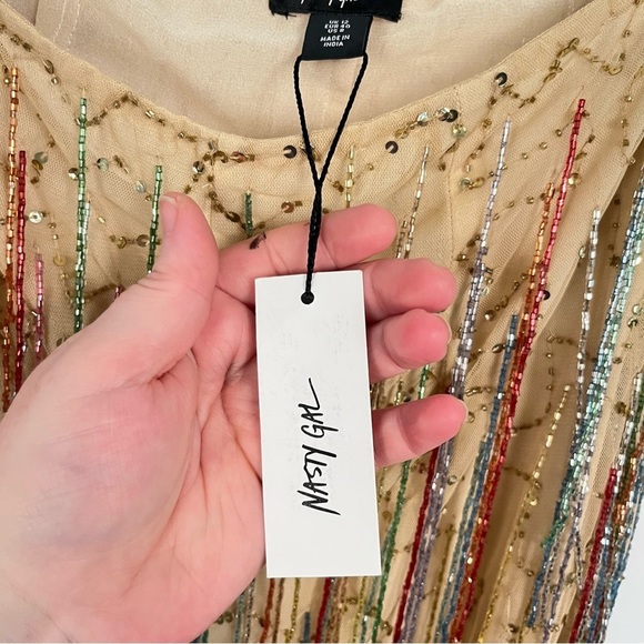 Nasty Gal Yellow Tan Tassel Beaded Sequin Flare Pants NWT sz 8 - Picture 6 of 15